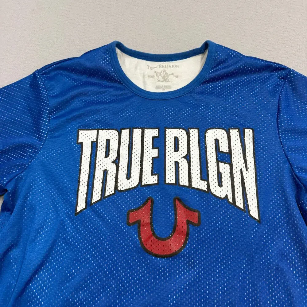True Religion Mesh Jersey Shirt Men's Large Blue TRUE RLGN Horseshoe Graphic
